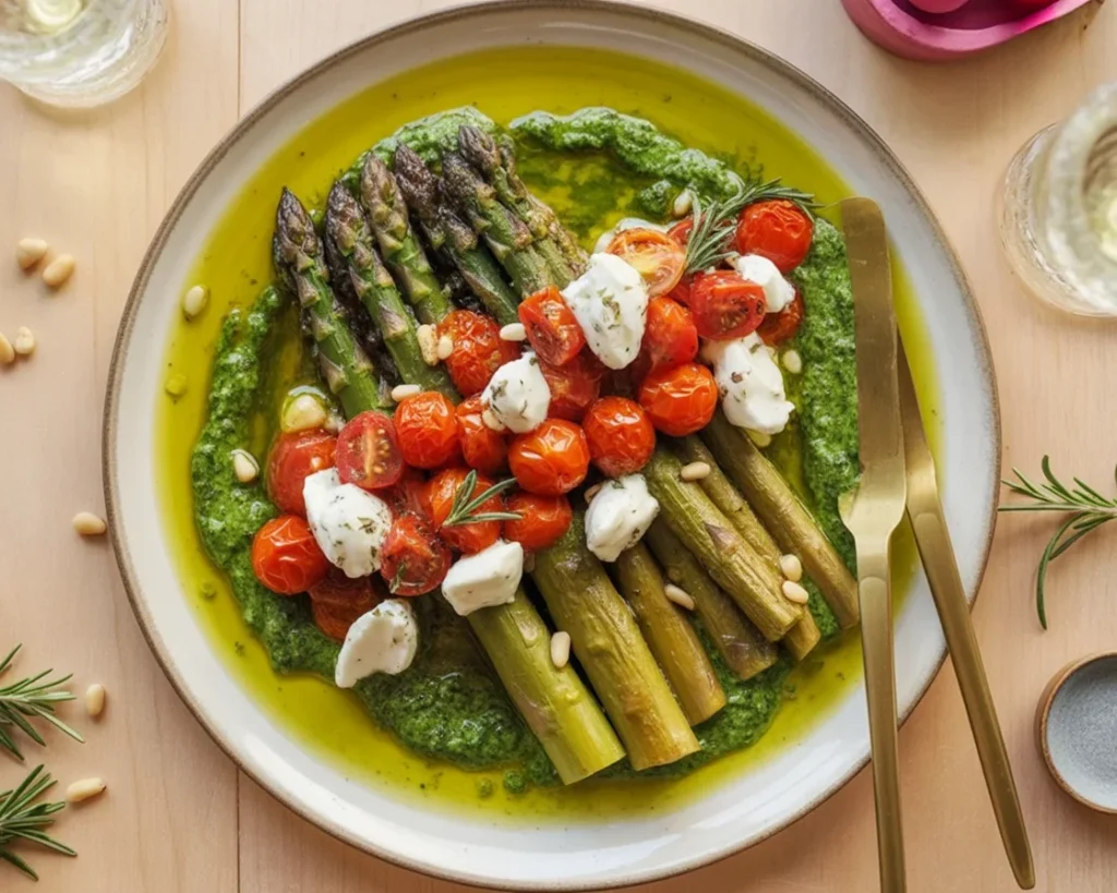 Gebackener grüner Spargel Caprese-Style met tomaten en olijfolie.