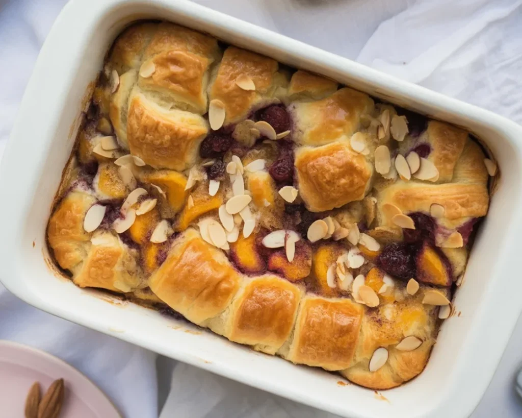 Herzhafter veganer Croissant-Auflauf mit Gemüse und alten Croissants.