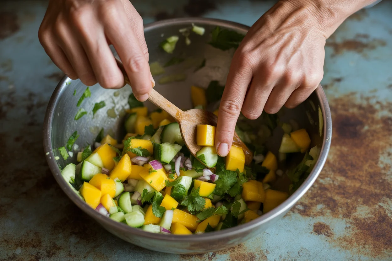 Limetten-Reis mit Tempeh und Mango-Avocado-Salsa