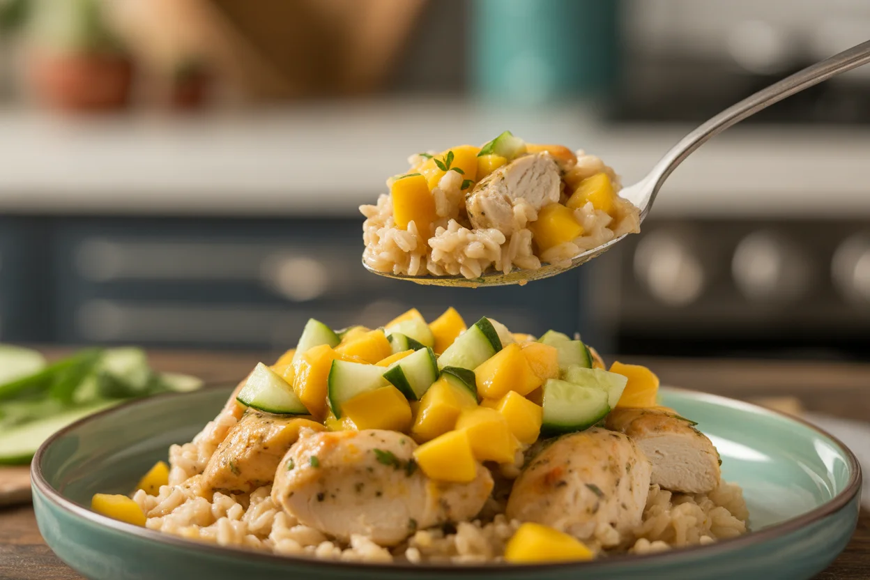 Limetten-Reis mit Tempeh und Mango-Avocado-Salsa
