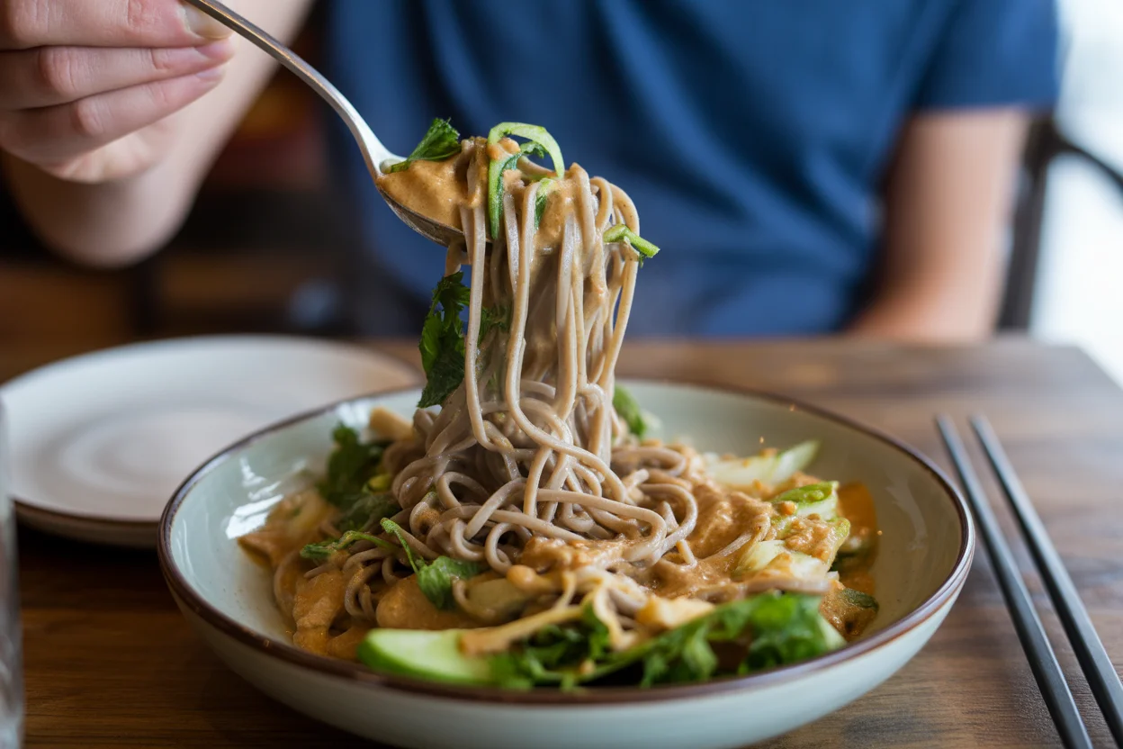 Leckerer Soba „Sommerrollen“-Salat mit Tofu und Erdnussdressing