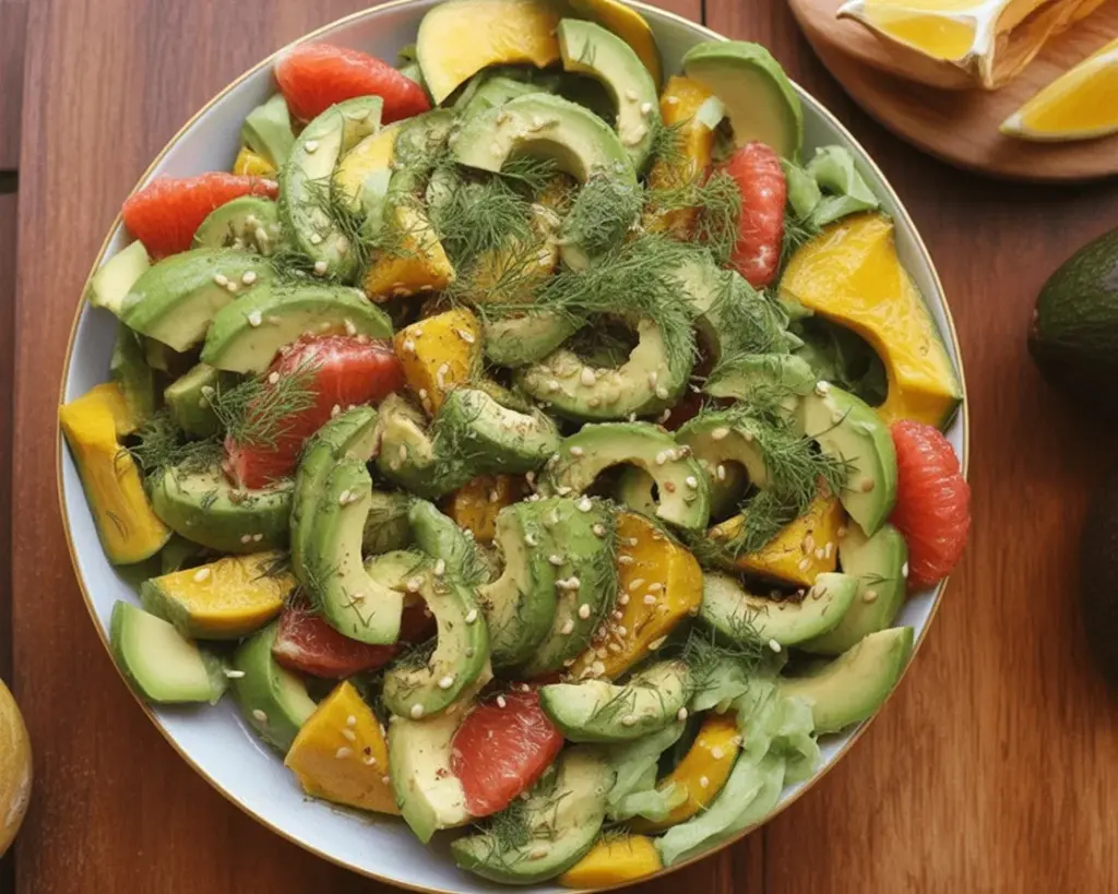 Avocado-Gurken-Salat mit Grapefruit und Tofu auf einem Teller angerichtet