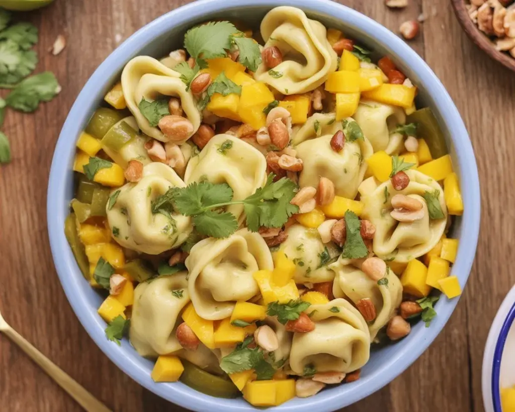 Sommerlicher Tortellini-Mango-Salat mit Limettendressing auf einem Teller angerichtet.