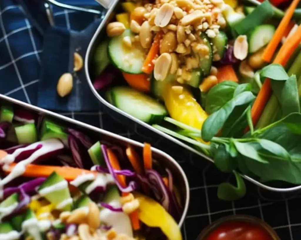 Veganer Thai-Salat mit Sriracha-Mayo, Edamame und Sobanudeln auf einem Teller.