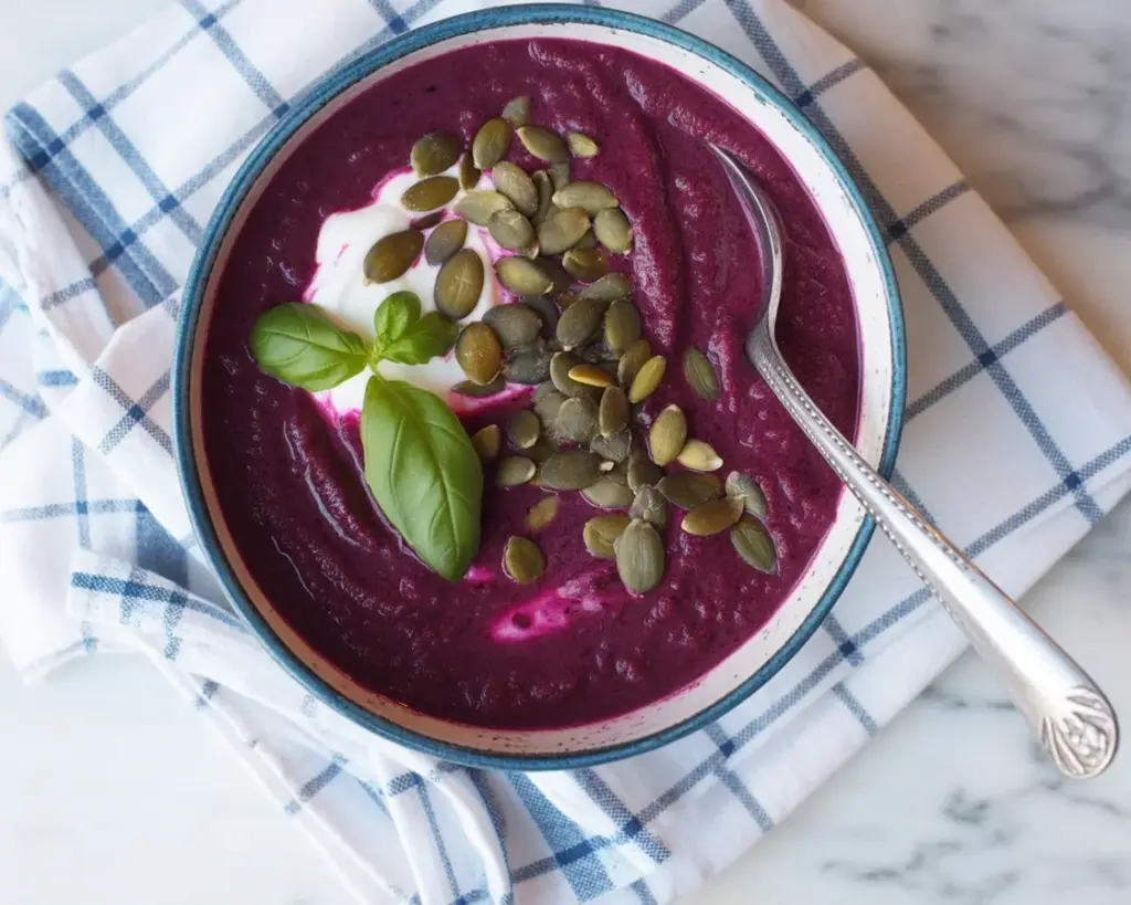 Eine Schüssel Rote Beete Gazpacho garniert mit frischen Kräutern.