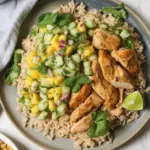Limetten-Reis mit Tempeh und Mango-Avocado-Salsa in einer bunten Schüssel serviert