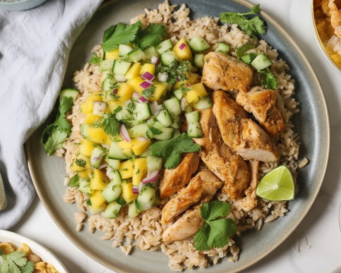 Limetten-Reis mit Tempeh und Mango-Avocado-Salsa für jeden Tag