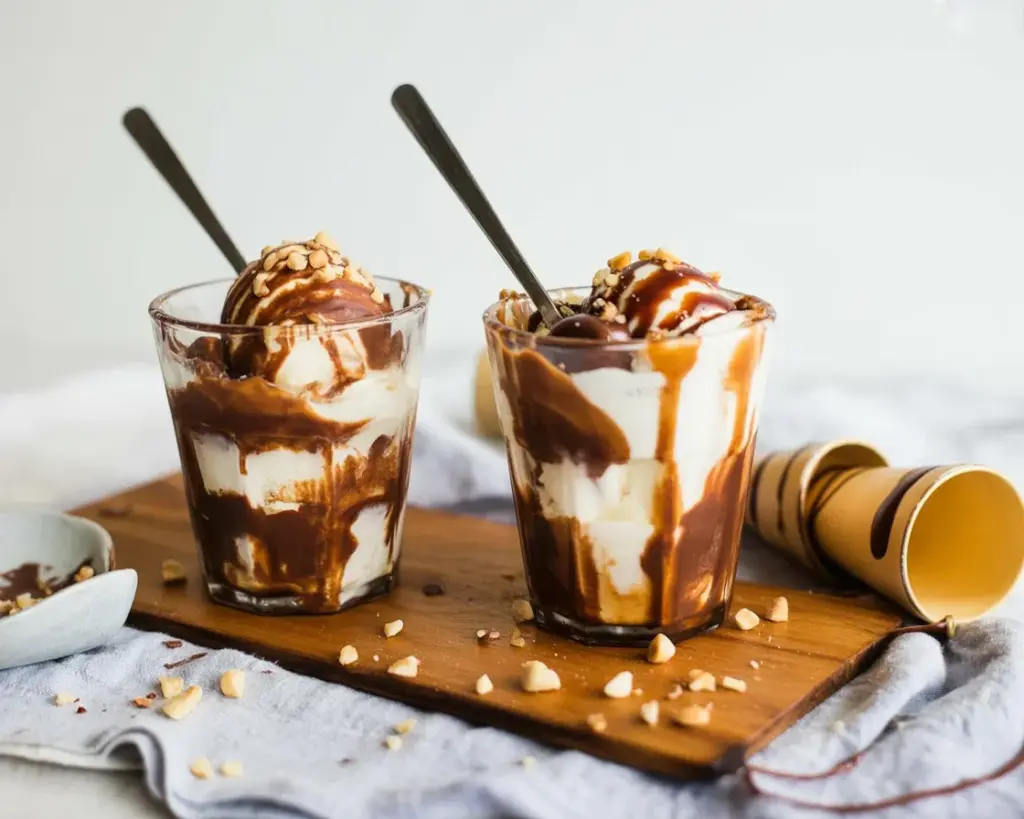 Veganer Salted Caramel Eisbecher mit Karamell und grobem Salz