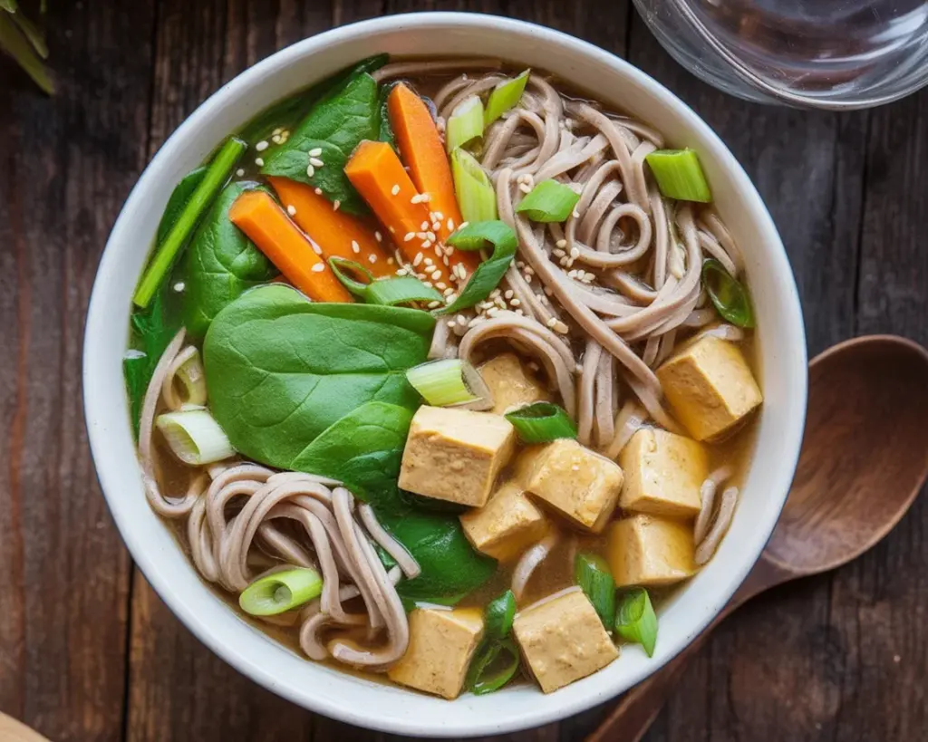 Delicious miso soba noodle soup with tofu and fresh vegetables in a bowl.
