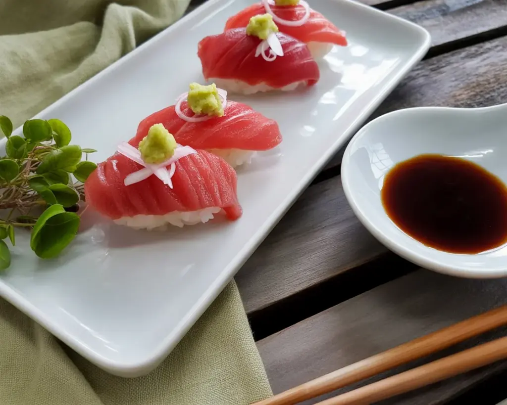 Colorful vegetarian nigiri sushi featuring roasted bell peppers on sushi rice.