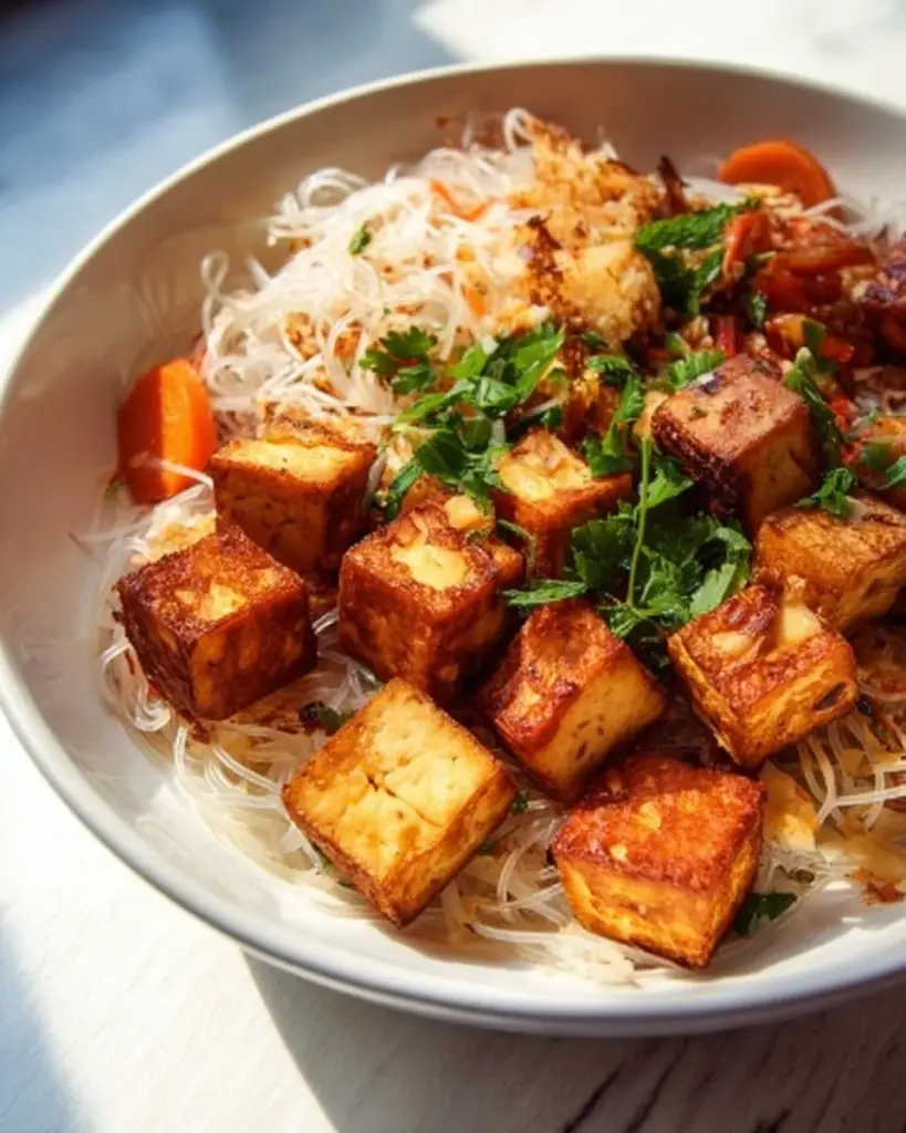 Baked Chili Garlic Tofu served with carrots, chard, and noodles in a vibrant bowl