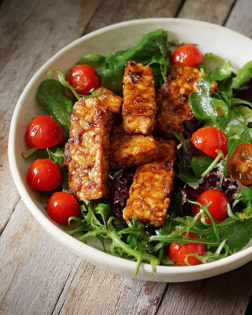 A vibrant Blackened Sticky Tempeh Salad topped with fresh vegetables and dressing.