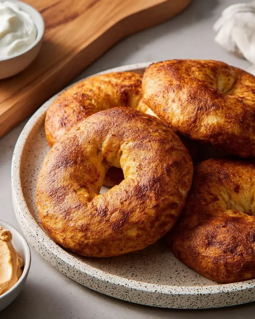 Delicious cottage cheese pumpkin bagels topped with seeds and spices