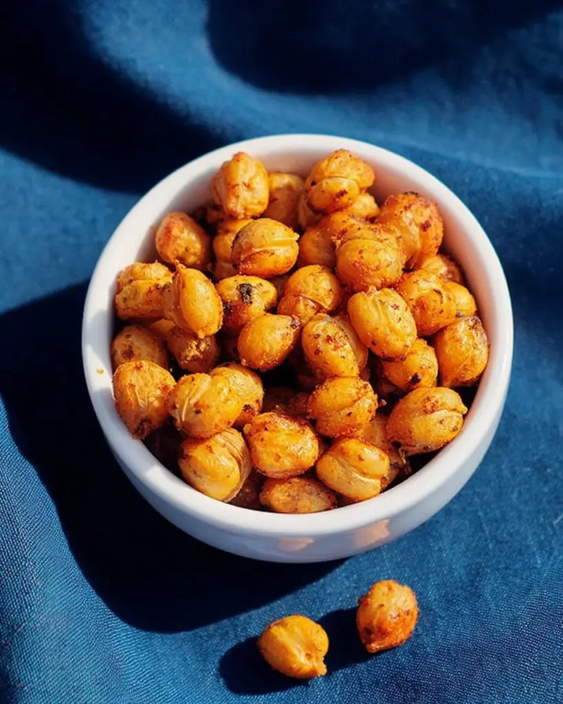 Bowl of crispy spiced chickpeas garnished with herbs and spices
