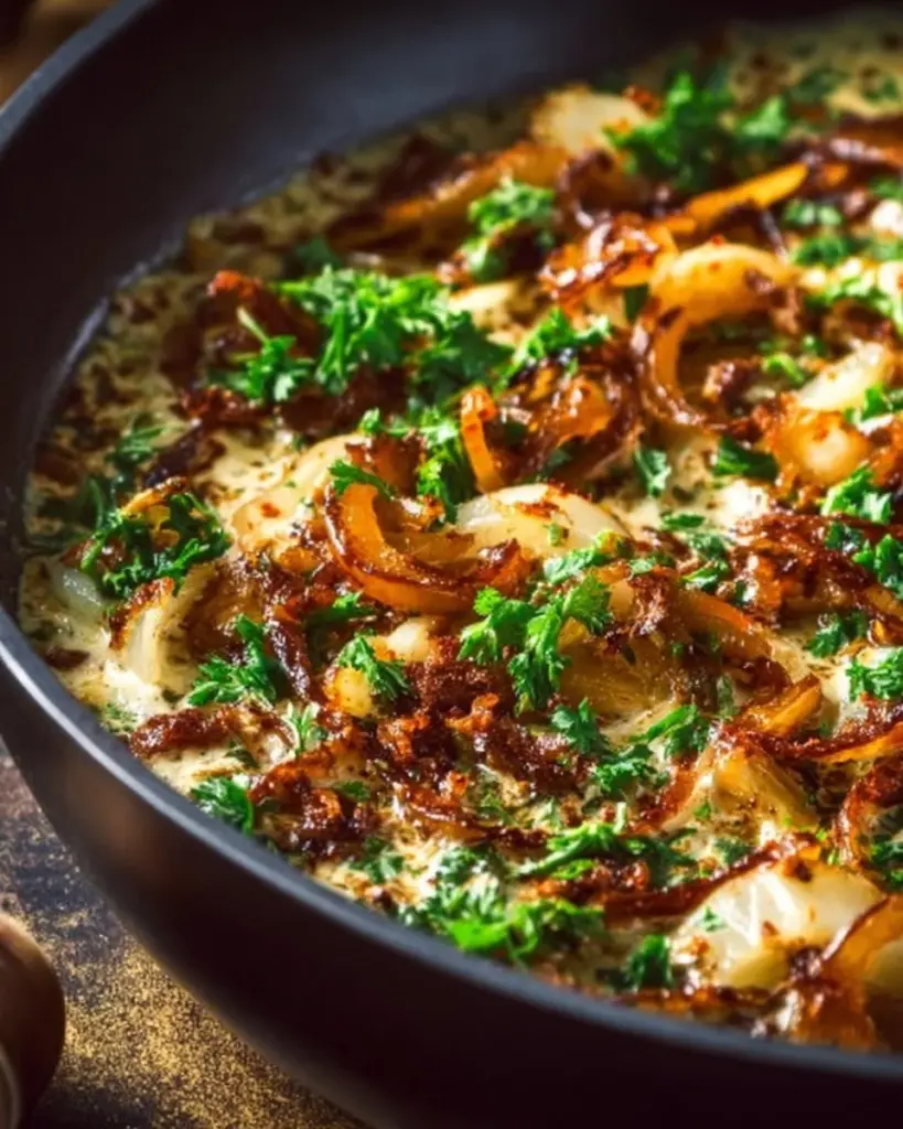 Delicious French onion skillet lasagna in a cast-iron pan