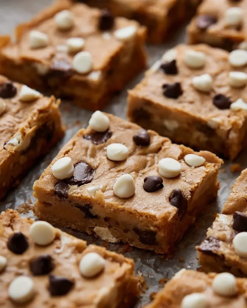 Healthy fudgy white bean blondies on a wooden table