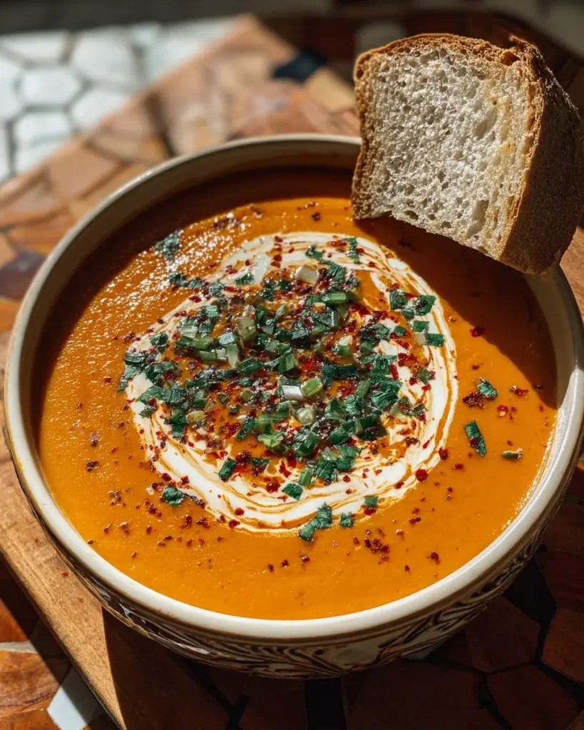 High protein sweet potato tomato soup topped with cottage cheese in a bowl