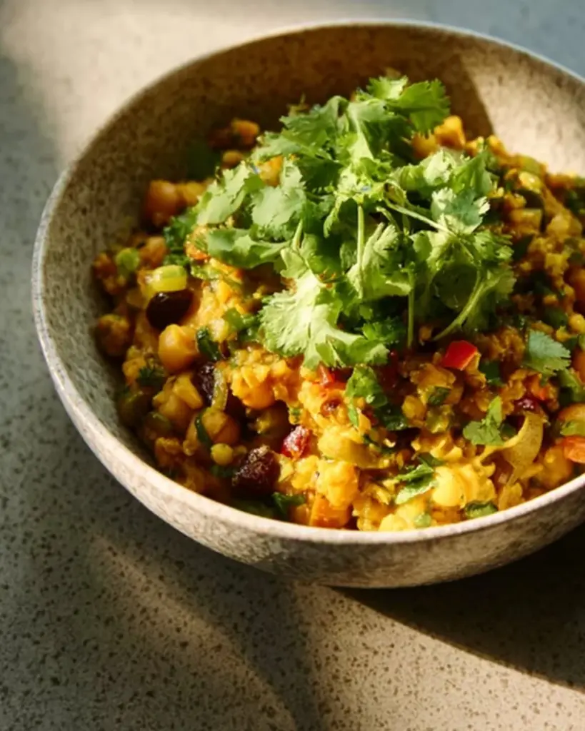 Bowl of Instant Pot black eyed peas pilaf garnished with herbs