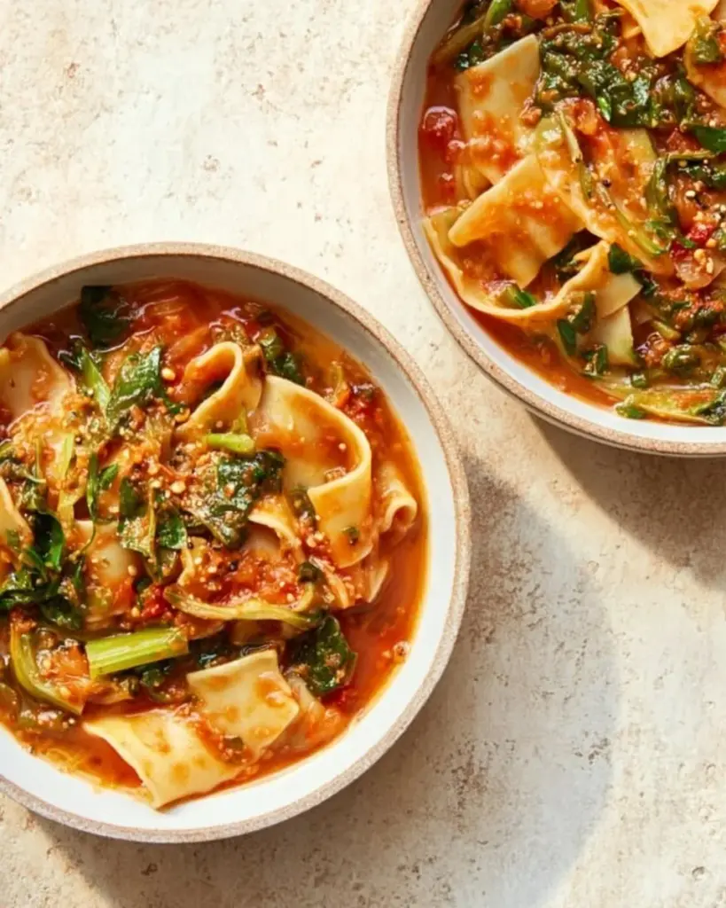 Instant Pot vegan lasagna soup served in a bowl with fresh basil garnish