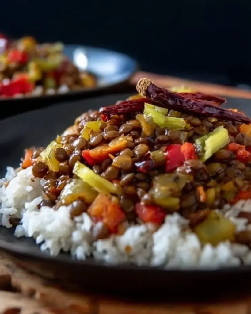 Bowl of Kung Pao Lentils garnished with peanuts and chili peppers