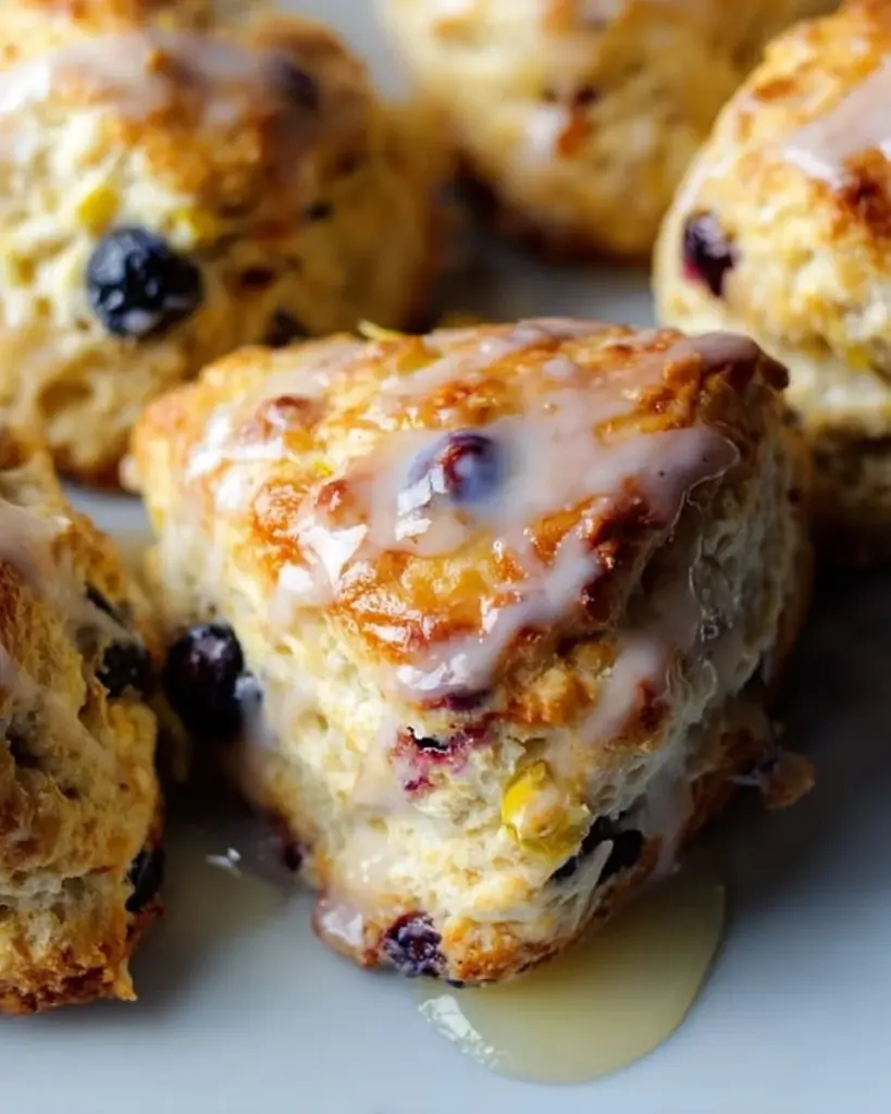 Freshly baked lemon blueberry scones on a kitchen counter