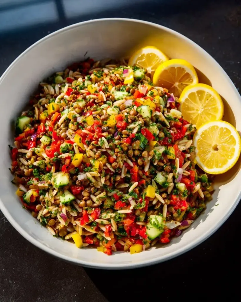 Colorful Lentil Orzo Salad with fresh vegetables and herbs