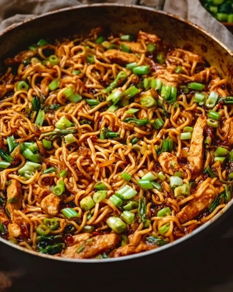 Plate of delicious Manchurian Noodles garnished with vegetables and spices