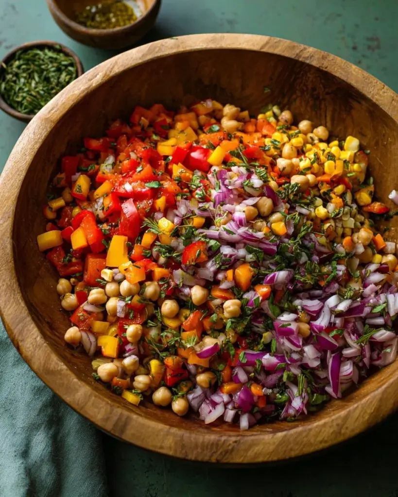 Colorful mango chickpea salad with fresh ingredients served in a bowl