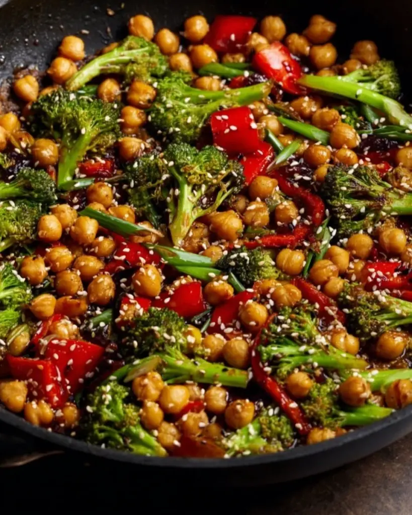 Bowl of Mongolian Chickpeas topped with fresh herbs and spices