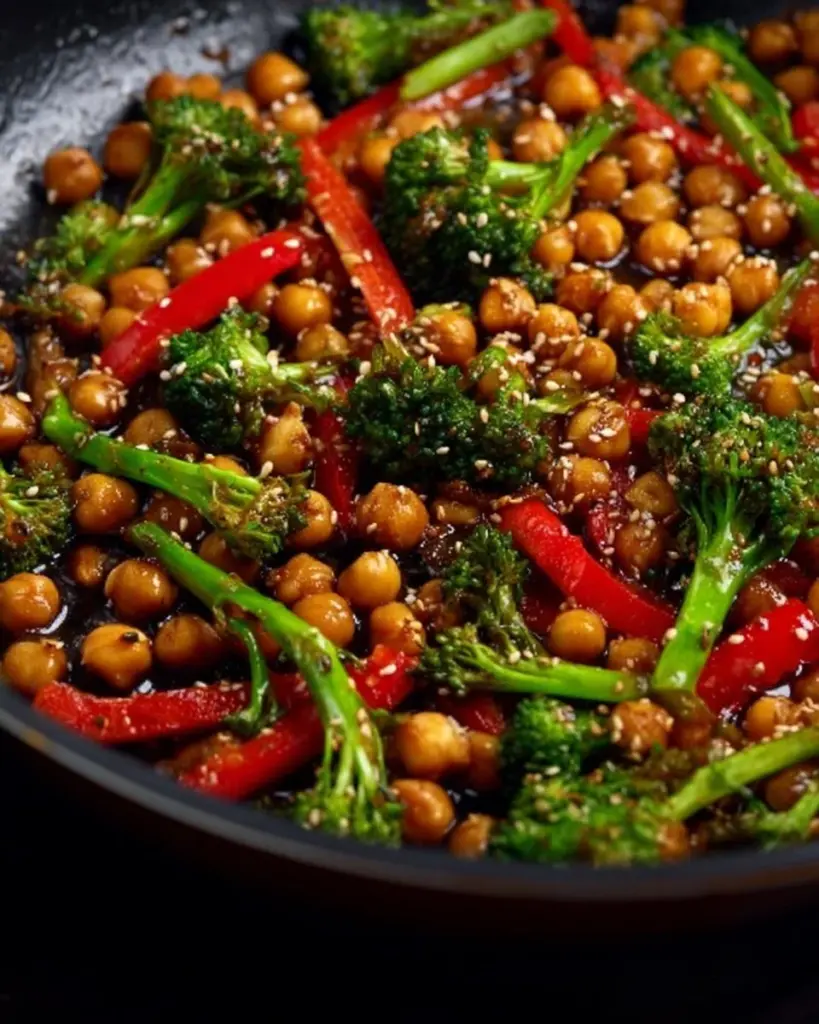 Delicious plate of Mongolian Chickpeas garnished with herbs and spices.