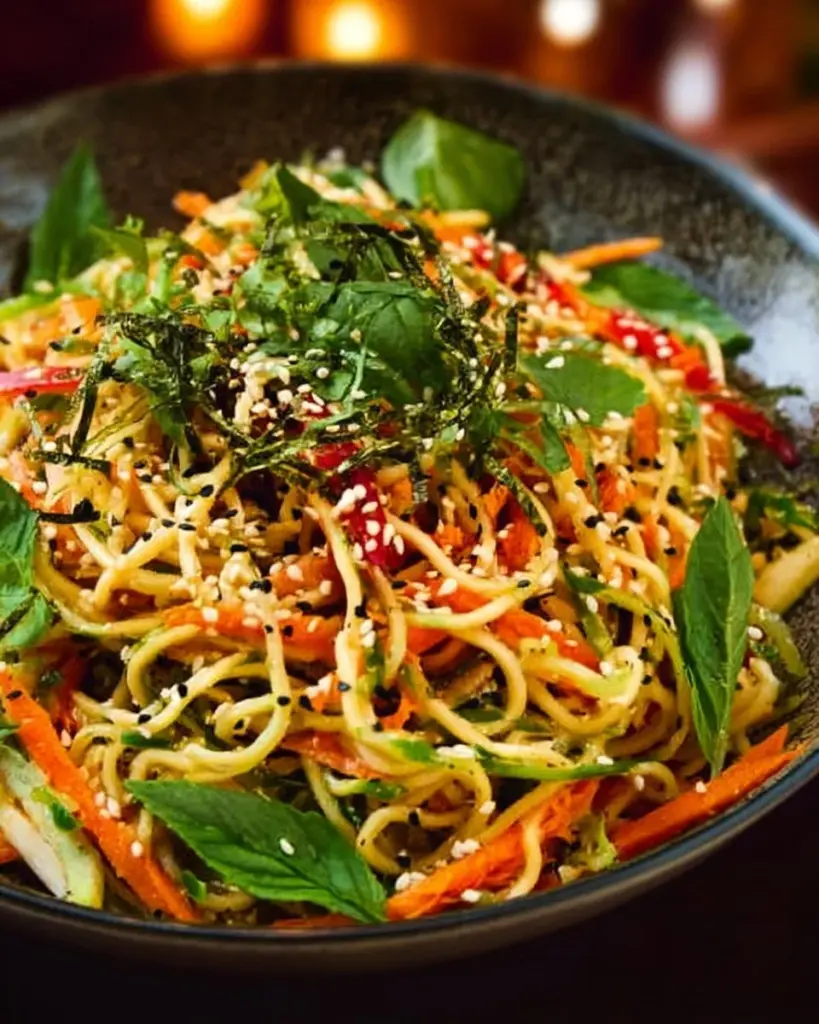 Delicious Mustard Seed Chili Oil Tadka Noodles topped with spices and herbs.