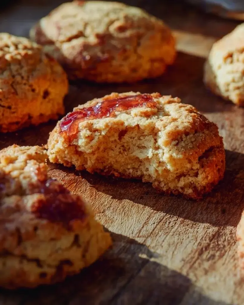 PB&J almond flour cookies arranged on a plate with a glass of milk
