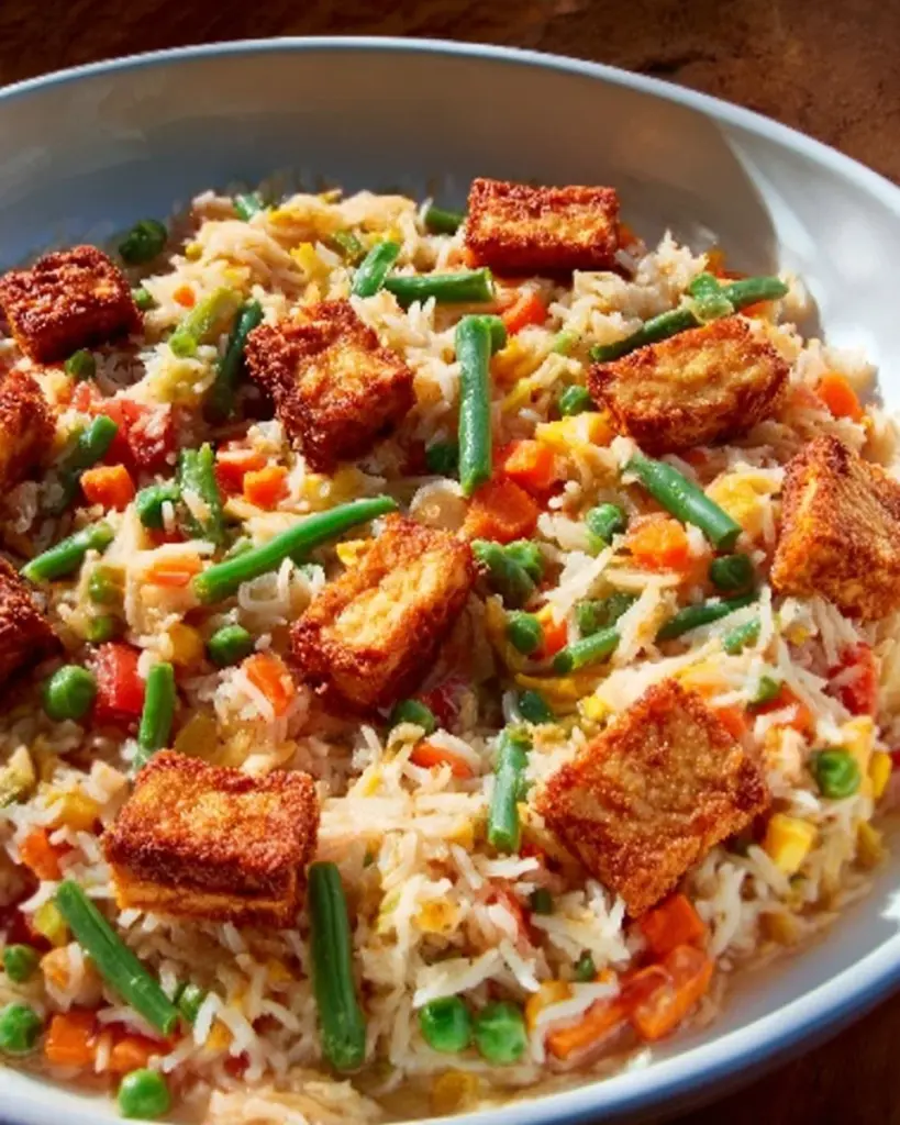 Peanut Gochujang Rice with Tofu served in a bowl, garnished with green onions