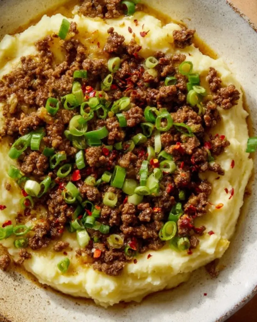 Delicious popped lentils served with creamy mashed potatoes.