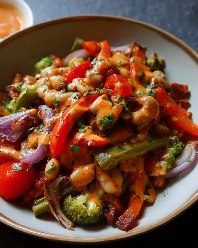 Smoky Cajun veggies served with smashed white beans in a colorful bowl.