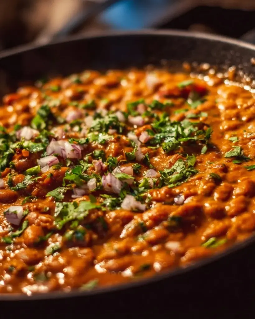 Bowl of spicy creamy beans garnished with herbs