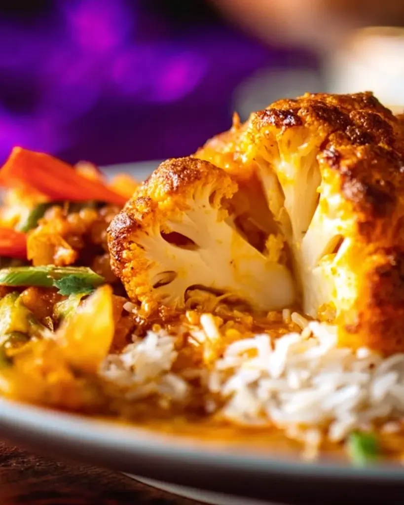 Spicy miso peanut butter whole roasted cauliflower dish served on a plate