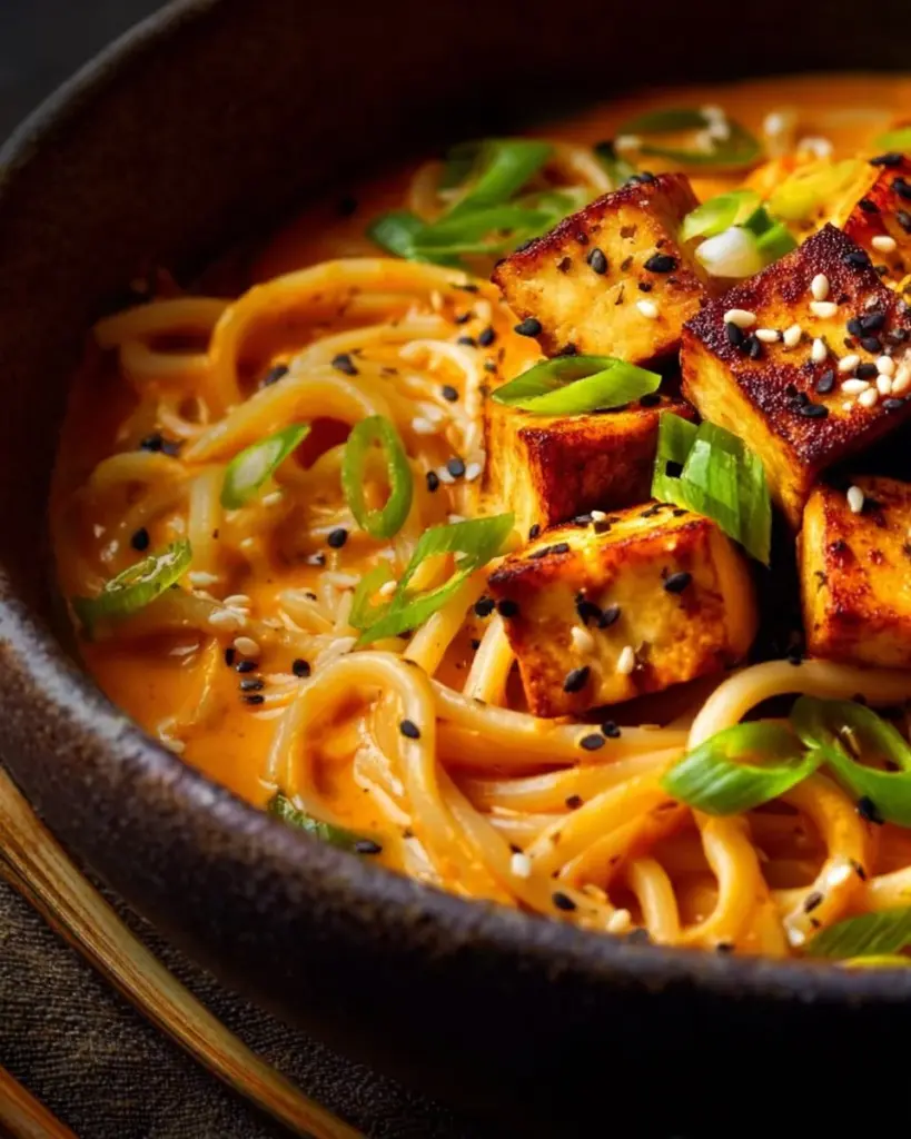 Bowl of spicy peanut butter ramen with gochujang garlic tofu garnish