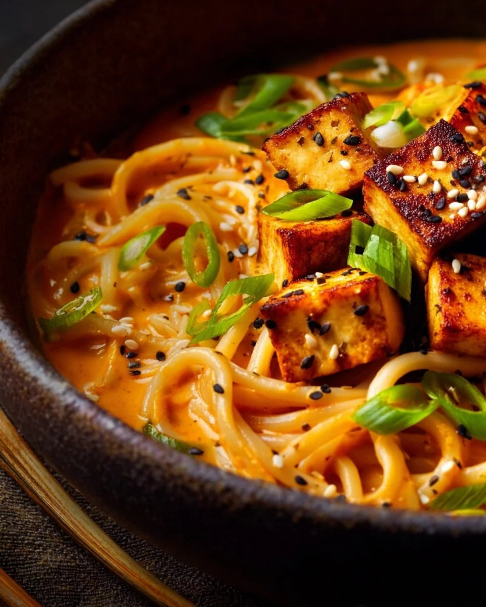 Spicy Peanut Butter Ramen with Gochujang Garlic Tofu