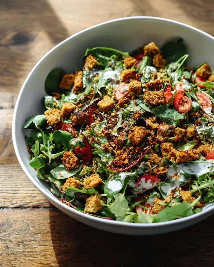 Summer Spinach Salad with Chickpea and Olive Crumble on a plate.