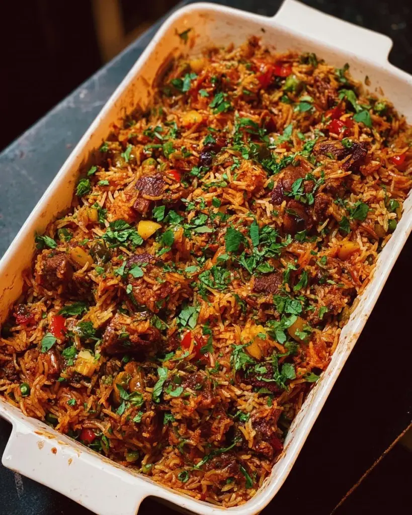 Tikka Masala Rice Bake with crispy tofu served in a cozy baking dish.