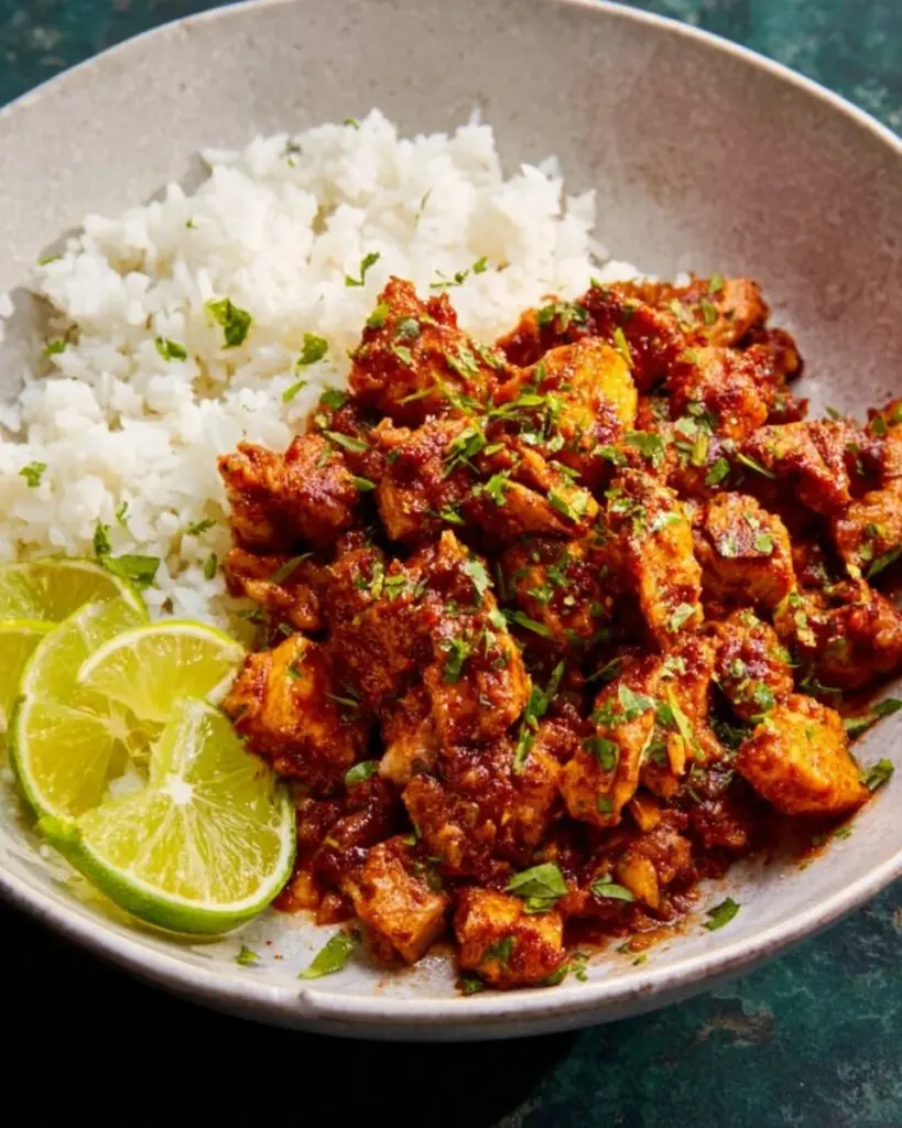 Spicy Tofu Vindaloo dish served with rice and garnished with fresh herbs