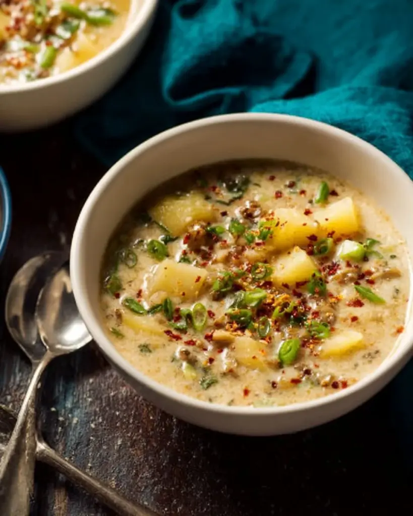 Delicious bowl of Tuscany Soup with fresh vegetables and herbs.
