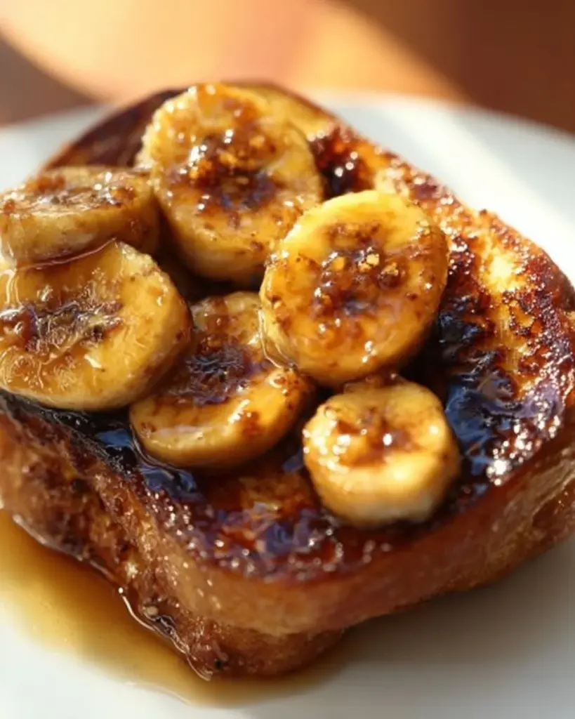 Plate of vegan banana french toast topped with fresh banana slices and maple syrup