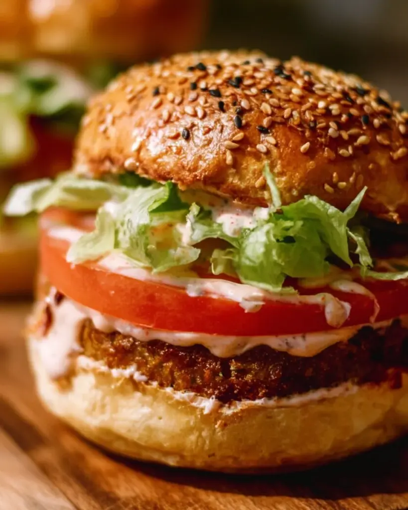 Vegan Crispy Chicken Sandwich on a plate with lettuce and tomato