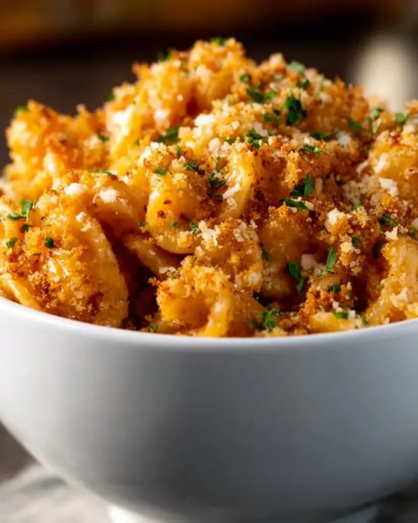 Creamy Vegan Mac and Cheese served in a bowl with herbs on top.