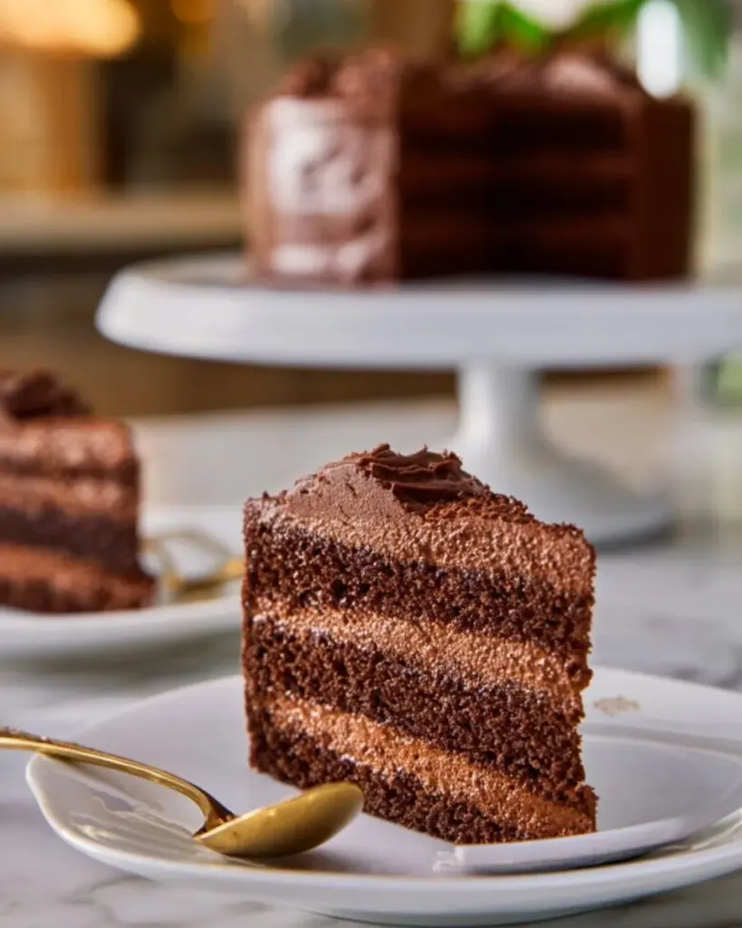 Slice of vegan mocha cake topped with chocolate and coffee frosting
