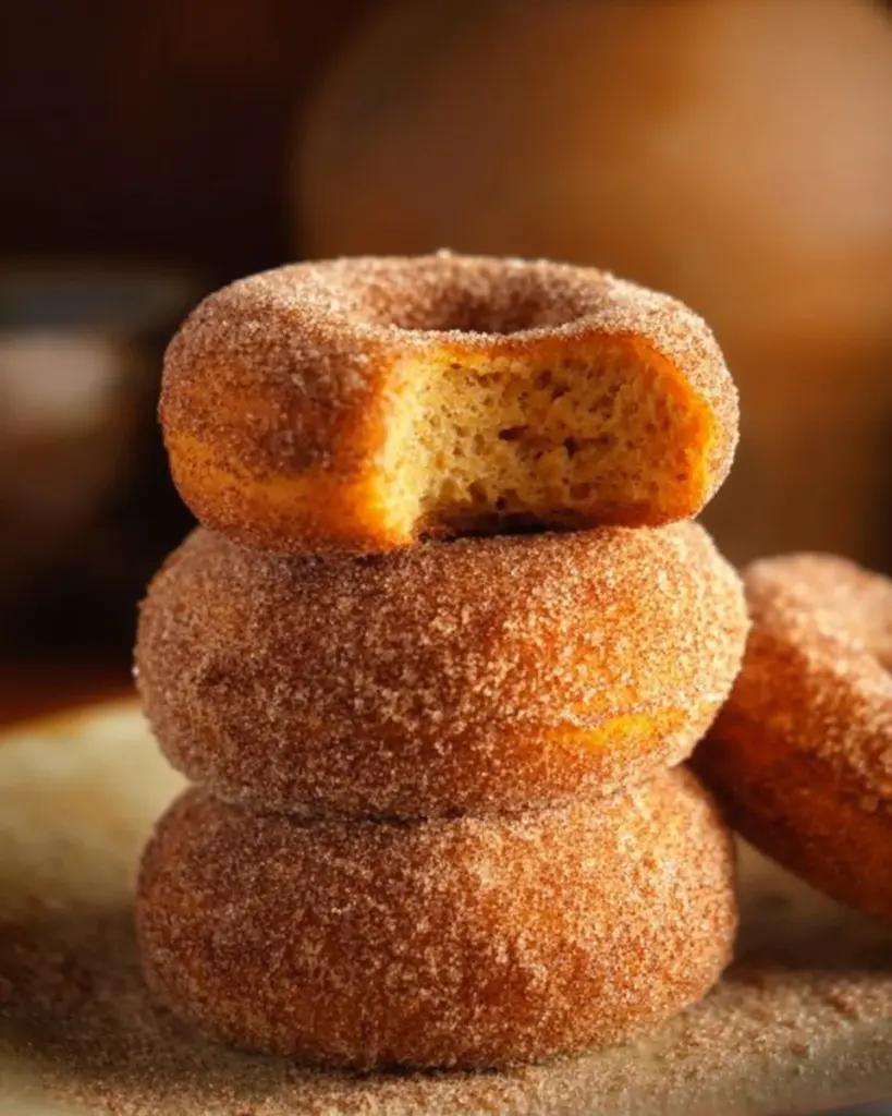 Vegan pumpkin donuts on a rustic wooden table, topped with glaze and spices.