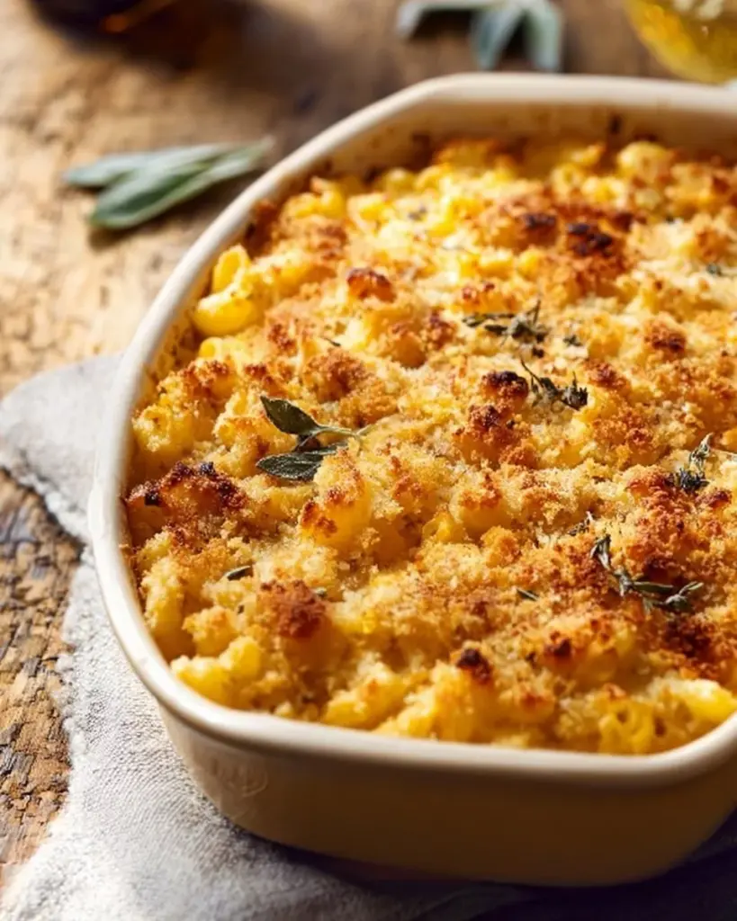 Vegan pumpkin mac and cheese bake topped with herbs and spices