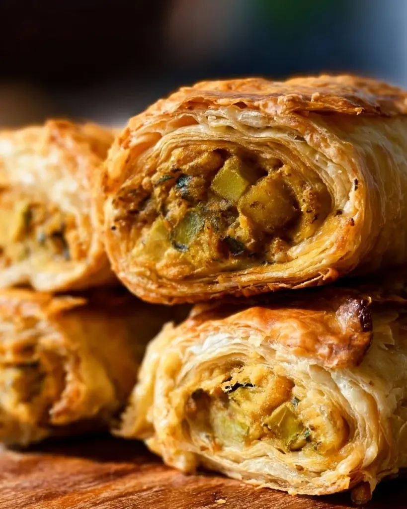 Vegan Samosa Pie filled with spices and vegetables, served on a plate.